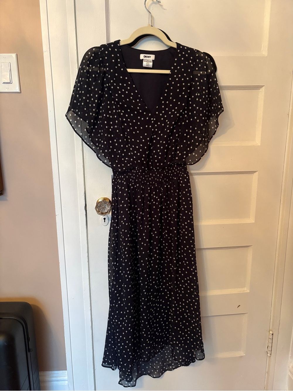 DKNY Black Dress with White Polka Dots, Flutter Sleeve Maxi
